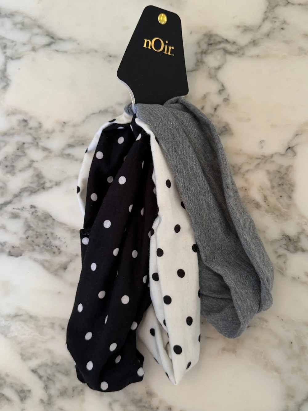 NWT nOir Set of 3 Wide Stretch Headbands Gray Black White Polka Dot Headwraps